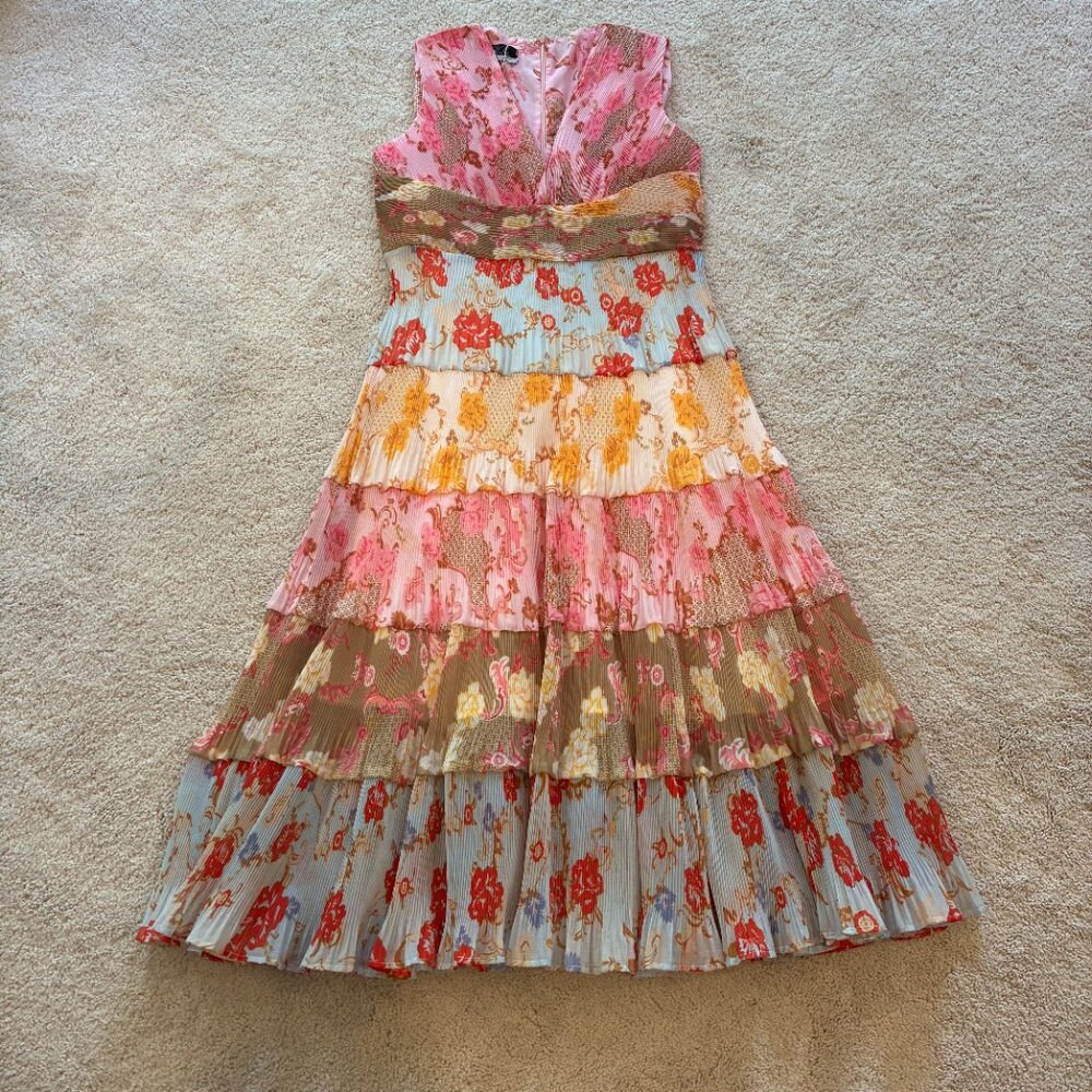 NEW Dalia MacPhee Floral Pastel Multi V-Neck Pleated Midi Dress Pink Size L - Picture 3 of 15